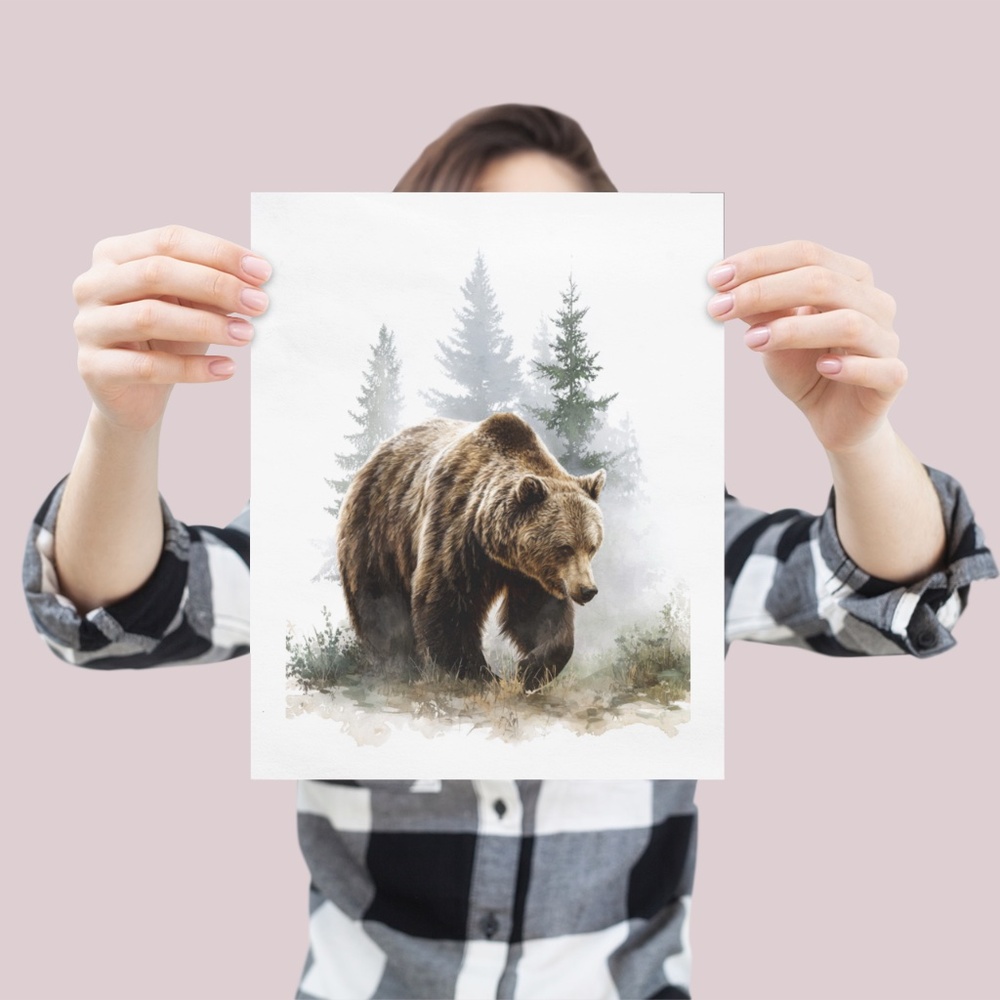 Watercolor Brown Bear Forest Wall Art Print, Unframed Misty Grizzly Illustration - Picture 4 of 5